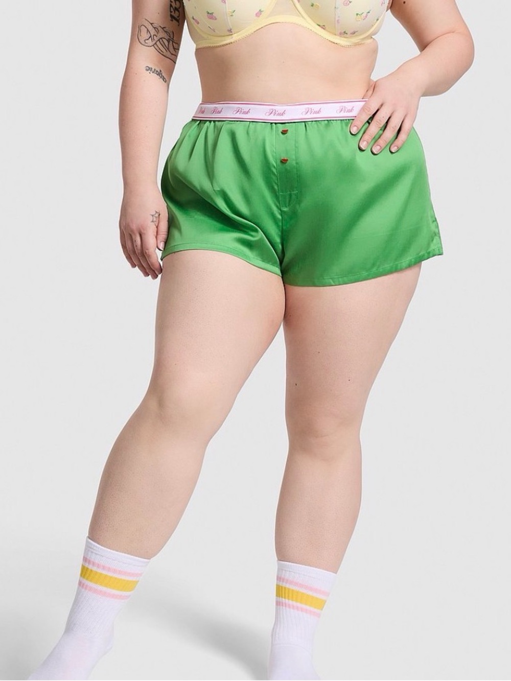 Green Silky Sleep Boxy Pajama Shorts with Pink Waistband